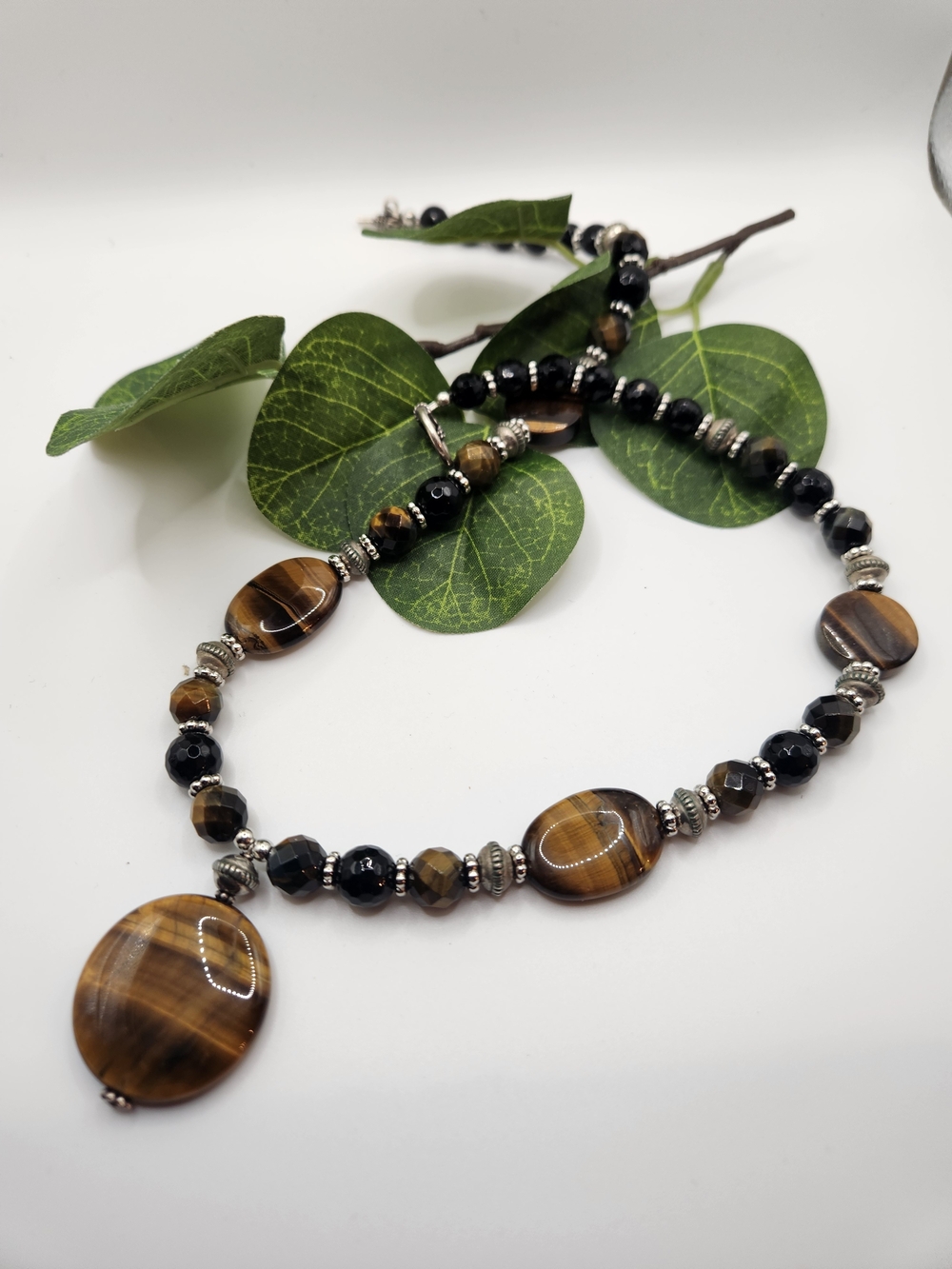 Tiger Eye and Black Bead Pendant Necklace